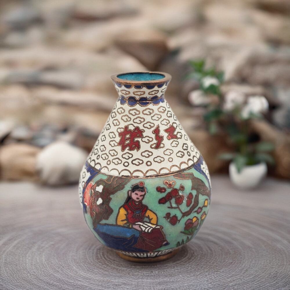 Chinese Cloisonne Enamel Miniature Vase Green Figure Panel Asian Decor